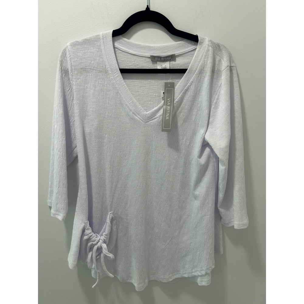 Via Ritina NWT Women White Textured V-Neck 3/4 Sleeve Side Tie Pocket Top Size S